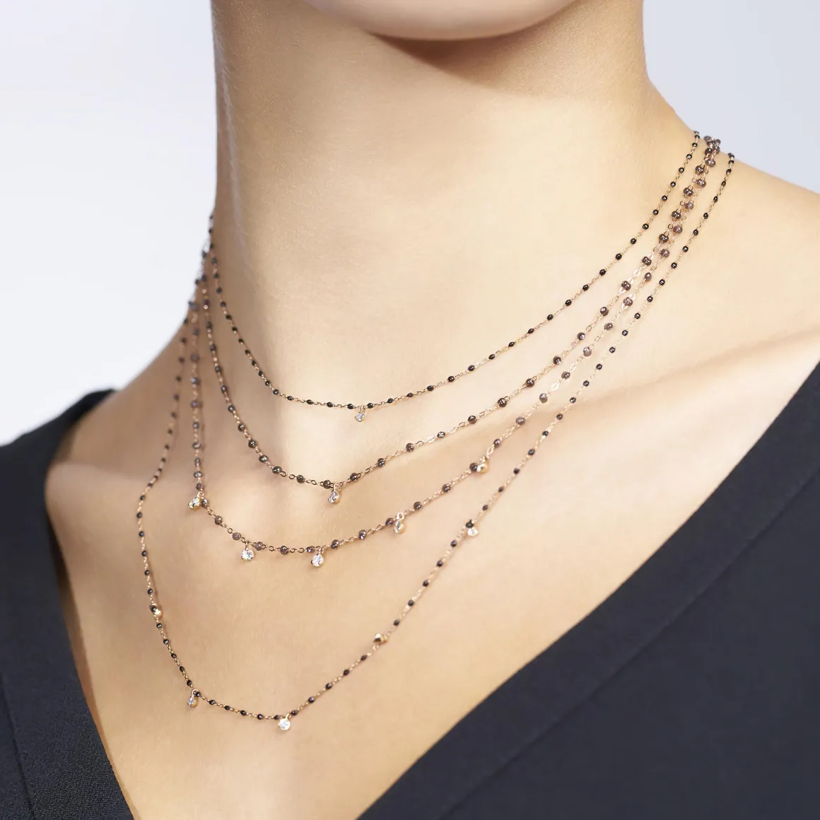 Collier quartz Gigi Suprême, or jaune, 5 diamants, 45 cm