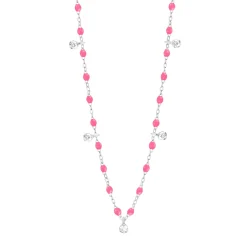 Collier rose fluo Gigi Suprême, or blanc, 5 diamants, 45 cm