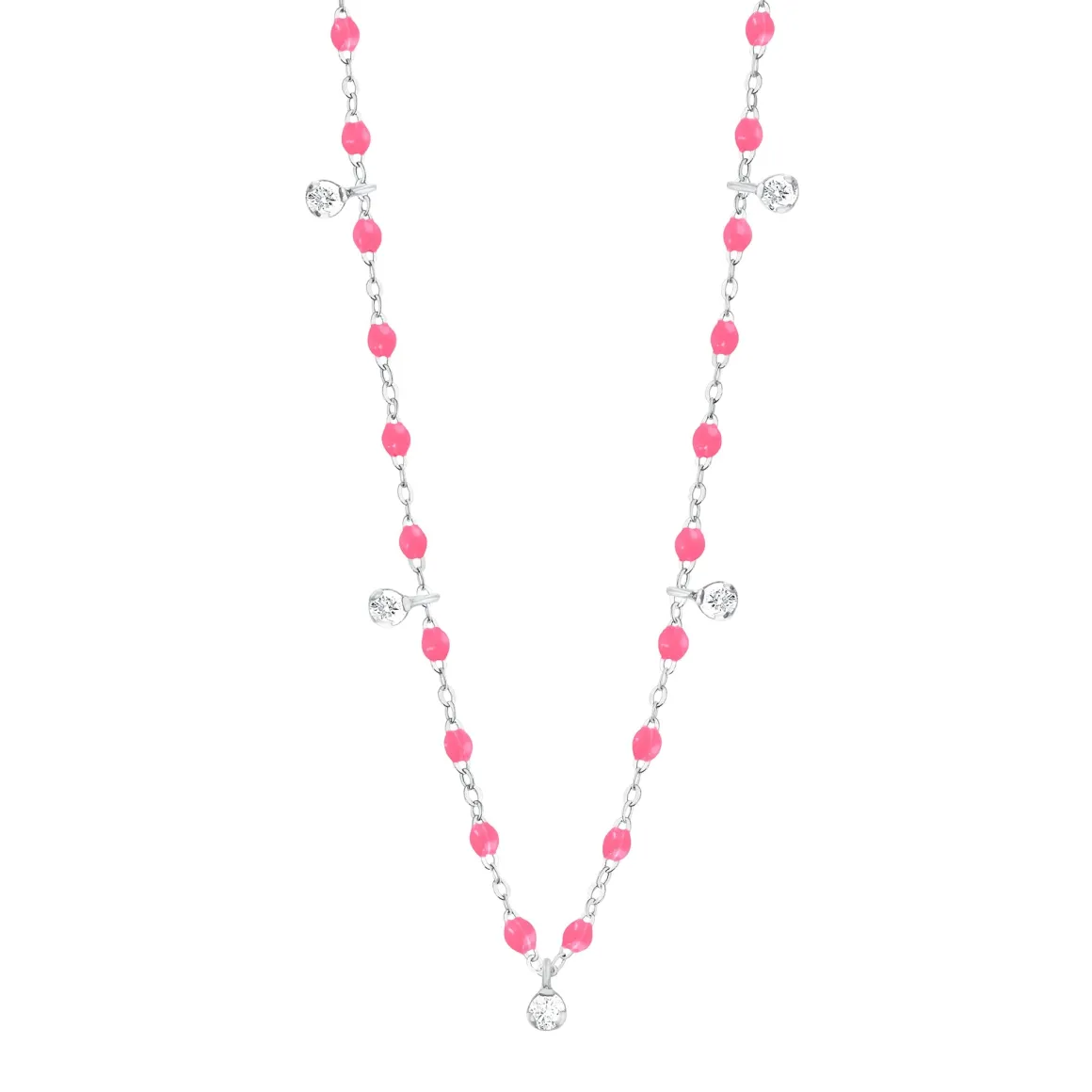Collier rose fluo Gigi Suprême, or blanc, 5 diamants, 45 cm