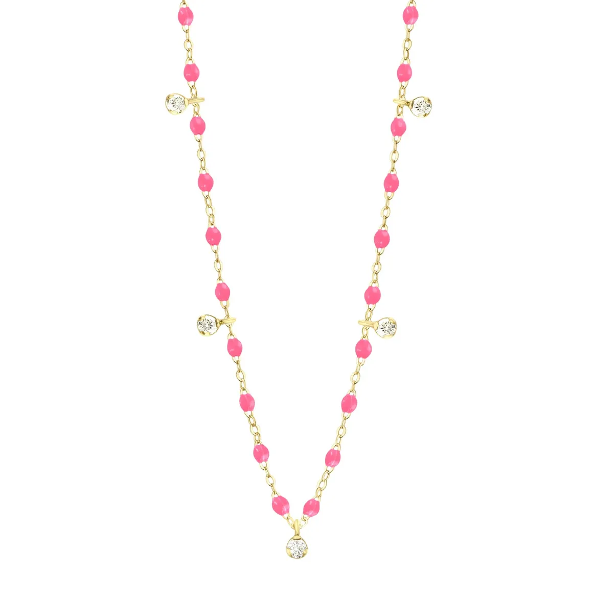 Collier rose fluo Gigi Suprême, or jaune, 5 diamants, 45 cm