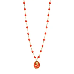 Collier Rose résine corail, or jaune, 42 cm