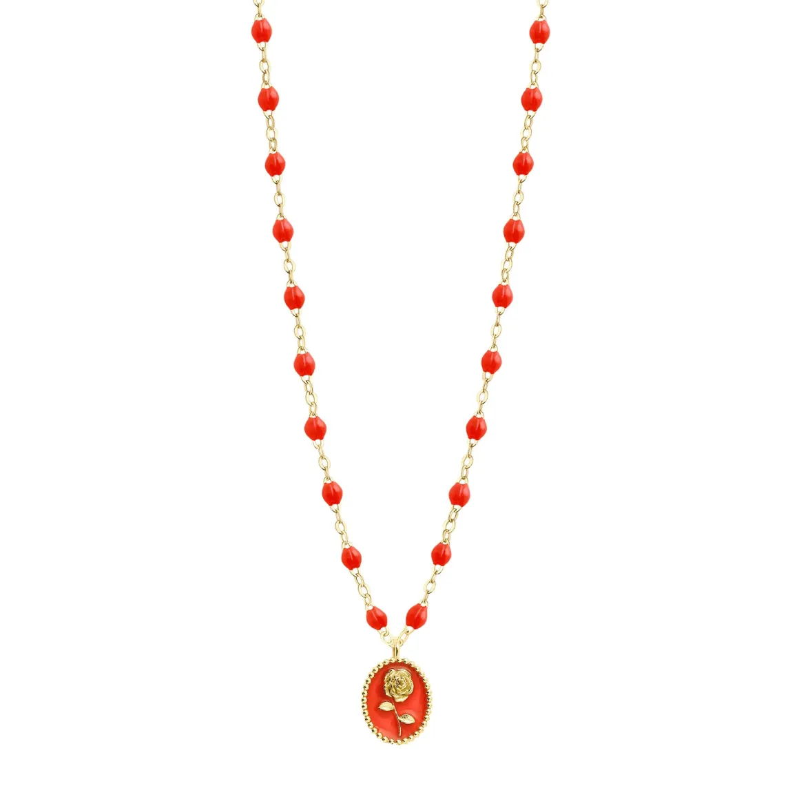 Collier Rose résine corail, or jaune, 42 cm