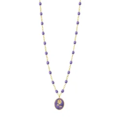 Collier Rose résine mauve, or jaune, 42 cm