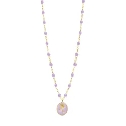Collier Rose résine parme, or jaune, 42 cm