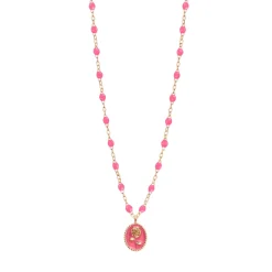 Collier Rose résine rose fluo, or rose, 42 cm