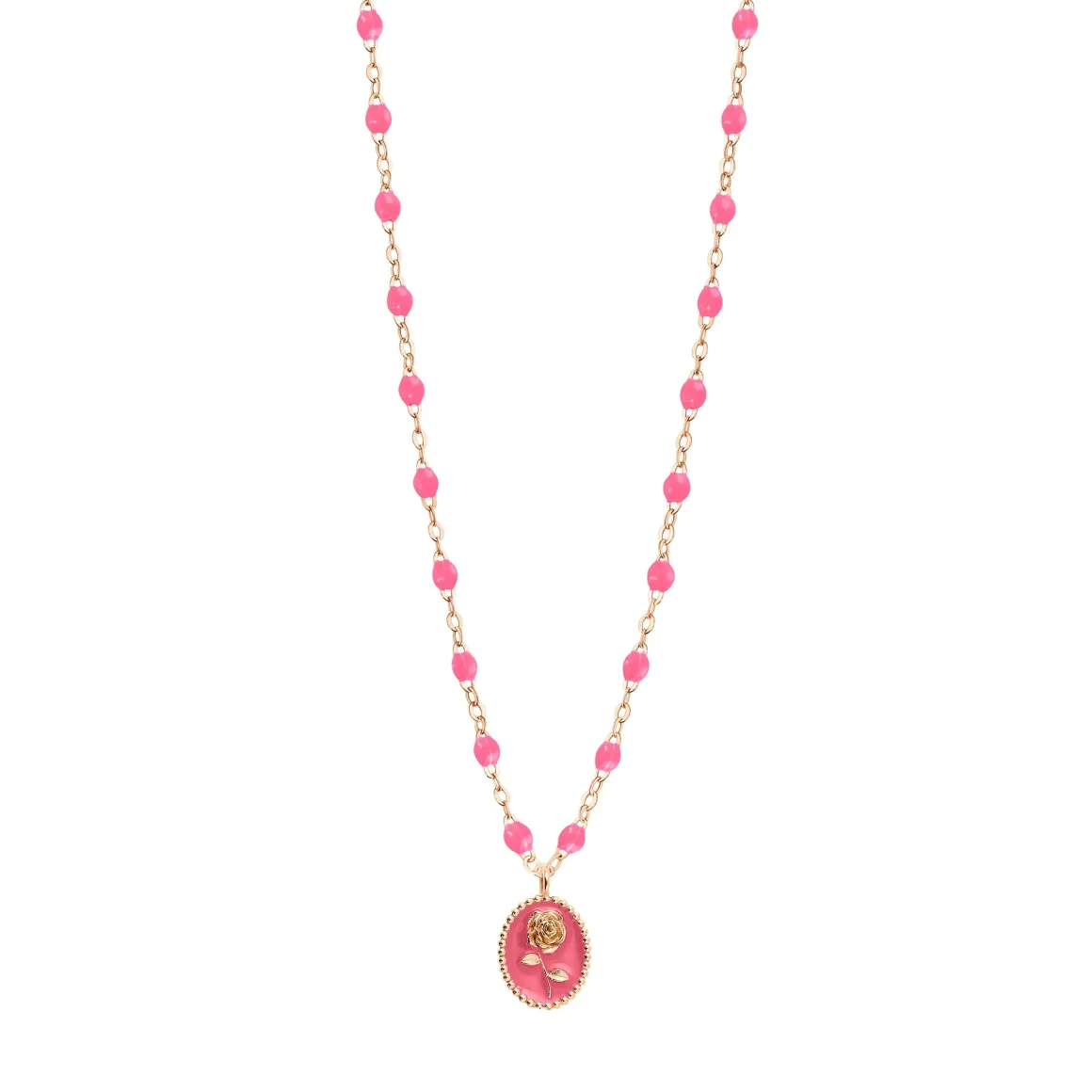 Collier Rose résine rose fluo, or rose, 42 cm