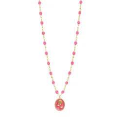 Collier Rose résine rose fluo, or jaune, 42 cm