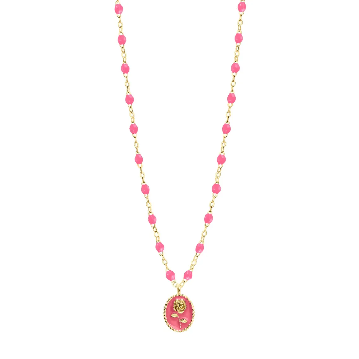 Collier Rose résine rose fluo, or jaune, 42 cm