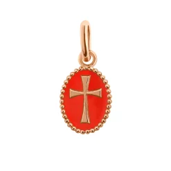 Pendentif Croix résine corail, or rose
