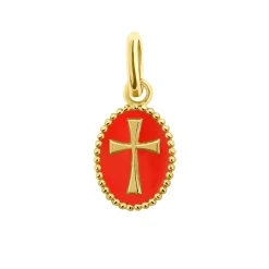 Pendentif Croix résine corail, or jaune
