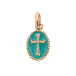 Pendentif Croix résine turquoise vert, or rose
