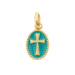 Pendentif Croix résine turquoise vert, or jaune