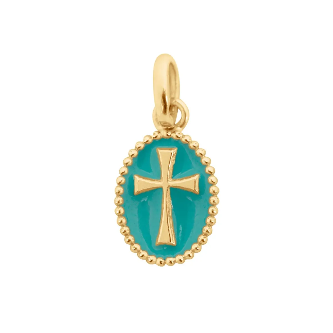 Pendentif Croix résine turquoise vert, or jaune